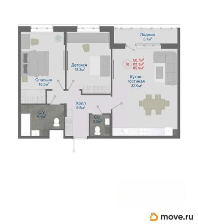 3-комн. квартира, 85.9 м&sup2;
