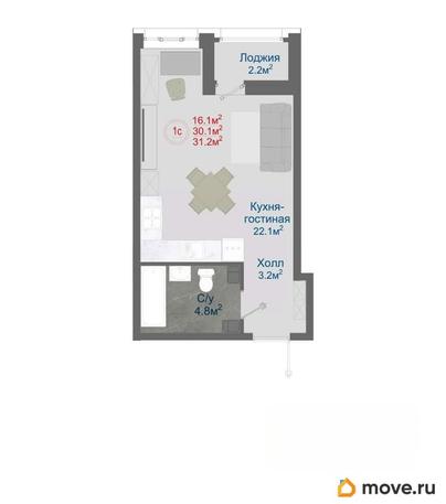 1-комн. квартира, 31.2 м&sup2;