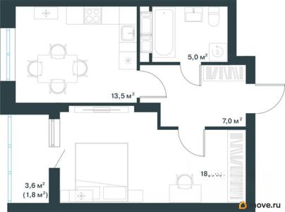 1-комн. квартира, 45.5 м&sup2;
