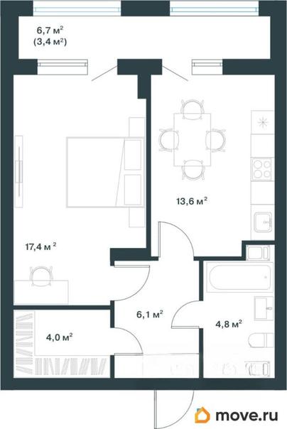 1-комн. квартира, 49.3 м&sup2;