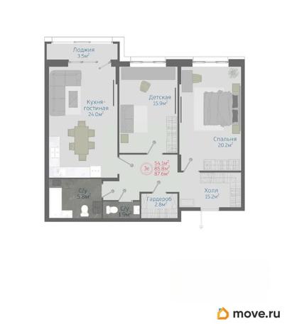 3-комн. квартира, 87.6 м&sup2;