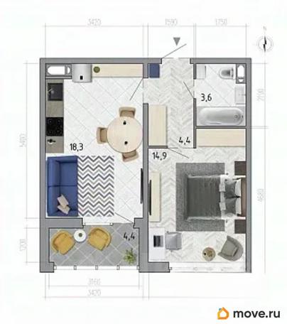 1-комн. квартира, 43.4 м&sup2;