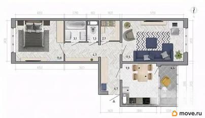 2-комн. квартира, 61.5 м&sup2;