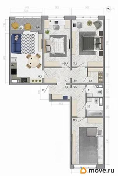 3-комн. квартира, 94.7 м&sup2;