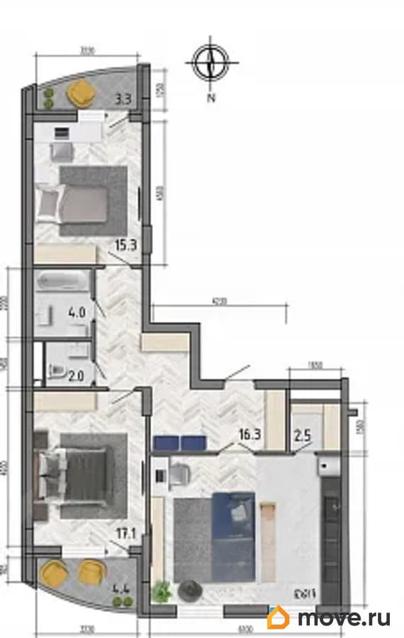 3-комн. квартира, 90.2 м&sup2;