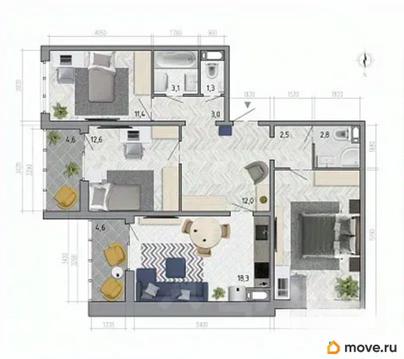 3-комн. квартира, 88.9 м&sup2;