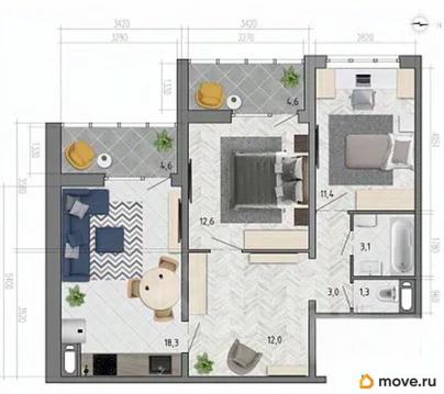 2-комн. квартира, 66.1 м&sup2;