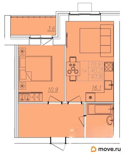 1-комн. квартира, 43.8 м&sup2;
