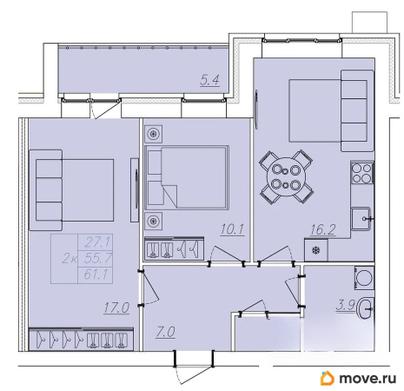 2-комн. квартира, 61.1 м&sup2;