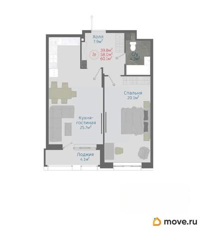 2-комн. квартира, 60.1 м&sup2;
