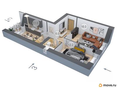 2-комн. квартира, 53.8 м&sup2;