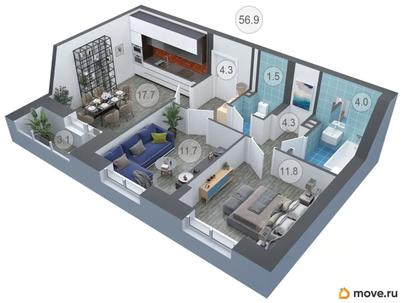 2-комн. квартира, 57.1 м&sup2;