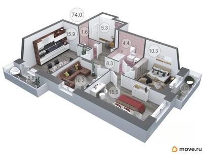 2-комн. квартира, 74.3 м&sup2;