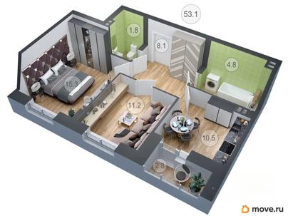 2-комн. квартира, 53.3 м&sup2;