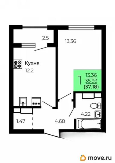 1-комн. квартира, 37.46 м&sup2;