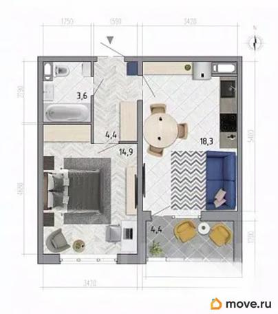 1-комн. квартира, 43.3 м&sup2;