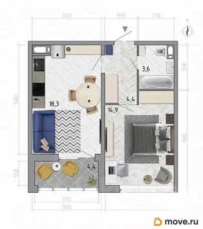 1-комн. квартира, 43.4 м&sup2;