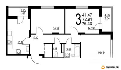 3-комн. квартира, 76.43 м&sup2;