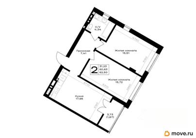 2-комн. квартира, 62.5 м&sup2;