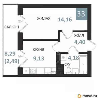 1-комн. квартира, 34.36 м&sup2;