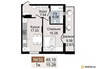 1-комн. квартира, 49.1 м&sup2;