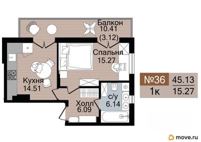 1-комн. квартира, 45.13 м&sup2;