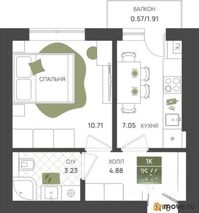 1-комн. квартира, 26.8 м&sup2;