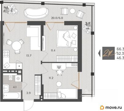 2-комн. квартира, 52.3 м&sup2;