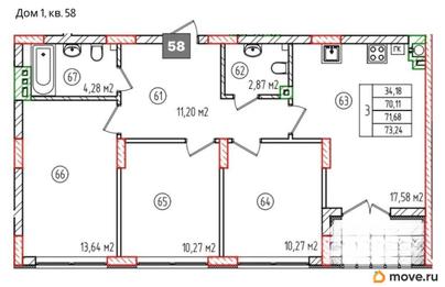 3-комн. квартира, 73.24 м&sup2;