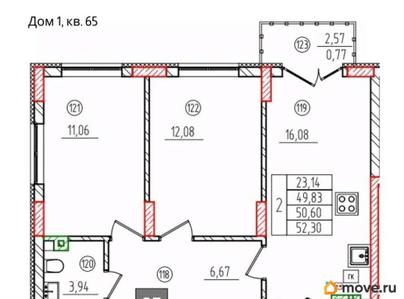 2-комн. квартира, 52.4 м&sup2;
