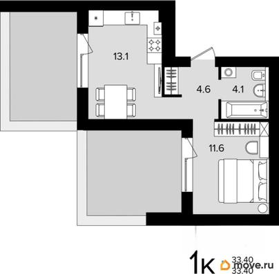 1-комн. квартира, 33.4 м&sup2;