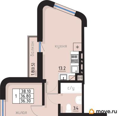1-комн. квартира, 38.1 м&sup2;