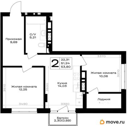 2-комн. квартира, 53.8 м&sup2;
