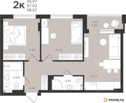 2-комн. квартира, 57.25 м&sup2;