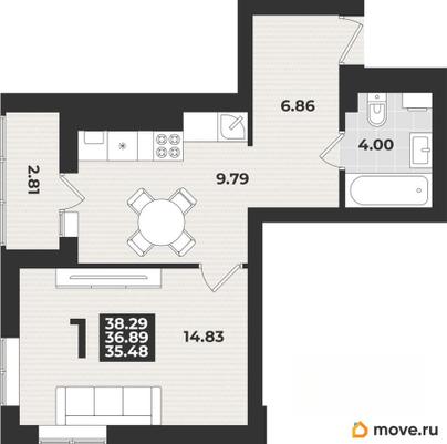 1-комн. квартира, 38.29 м&sup2;