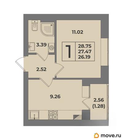 1-комн. квартира, 27.47 м&sup2;