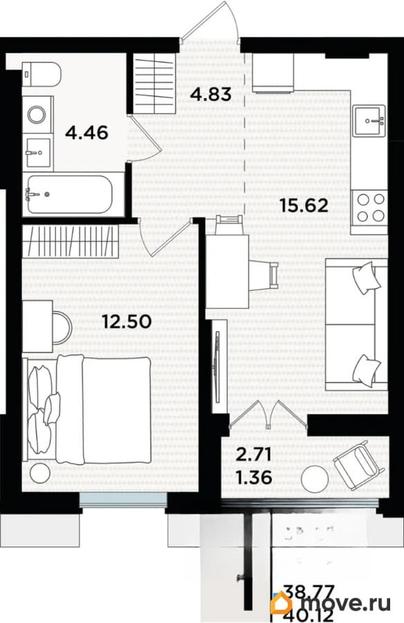 1-комн. квартира, 38.81 м&sup2;
