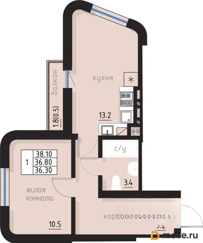 1-комн. квартира, 38.1 м&sup2;