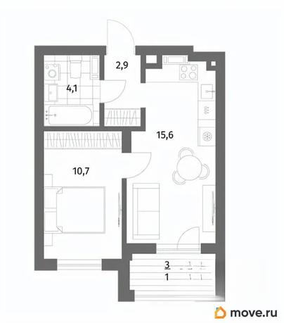 1-комн. квартира, 35.1 м&sup2;