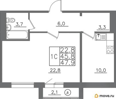 1-комн. квартира, 48.4 м&sup2;
