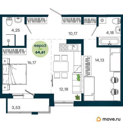 2-комн. квартира, 64.61 м&sup2;