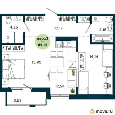 2-комн. квартира, 64.41 м&sup2;