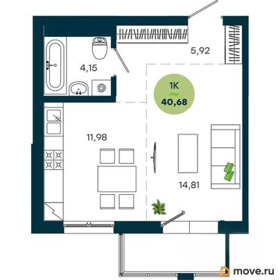 1-комн. квартира, 40.68 м&sup2;