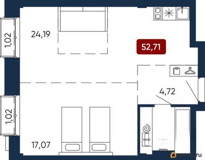 2-комн. квартира, 52.71 м&sup2;
