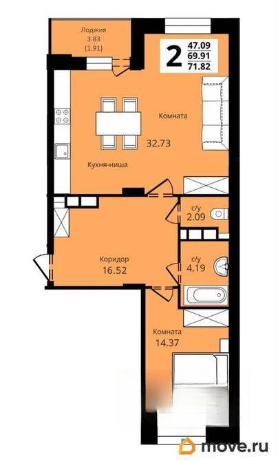 2-комн. квартира, 71.82 м&sup2;