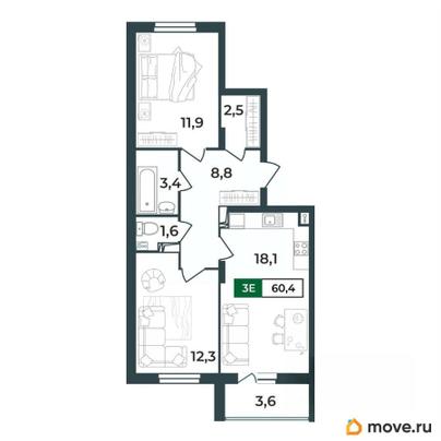 3-комн. квартира, 60.4 м&sup2;