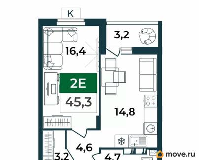 2-комн. квартира, 45.3 м&sup2;