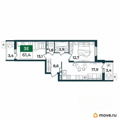 3-комн. квартира, 61.4 м&sup2;