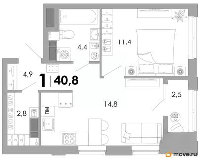 1-комн. квартира, 40.8 м&sup2;