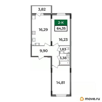 2-комн. квартира, 64.35 м&sup2;